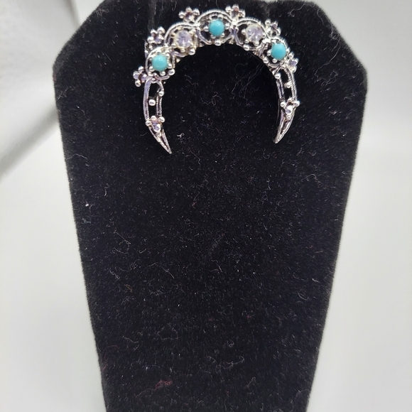 Vintage Silvertone Brooch w/ Clear Rhinestones & Turquoise Beads. VGC & Pretty! - Picture 3 of 11